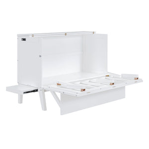 English Elm Queen Murphy Wall Bed with Usb Charging Pine Wood Cabinet for Studio Apartments White LP001661AAK
