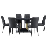 English Elm 7-Piece Faux Marble Dining Table Set, Glass Rectangular Kitchen Table For 6-8, Modern Black Faux Marble Dining Room Table With Mdf Base, Dining Table & 6 Chairs