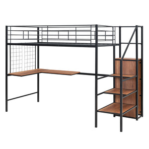 English Elm Twin Metal Loft Bed with Desk, Ladder Shelves and Under-Wardrobe for Space-Saving Study & Storage, Sturdy Frame Black SF000023AAB