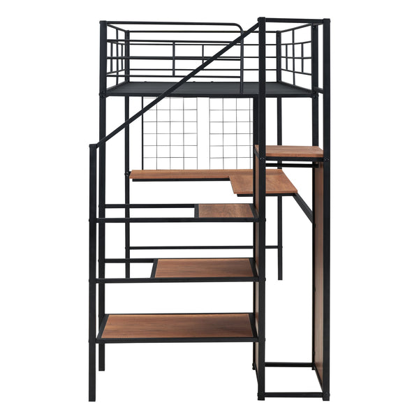 English Elm Twin Metal Loft Bed with Desk, Ladder Shelves and Under-Wardrobe for Space-Saving Study & Storage, Sturdy Frame Black SF000023AAB