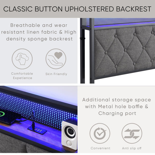 English Elm King Upholstered Platform Bed with LED Headboard, USB Type-C Charging & Hidden Shelf, Noise-Free Support W1916124806