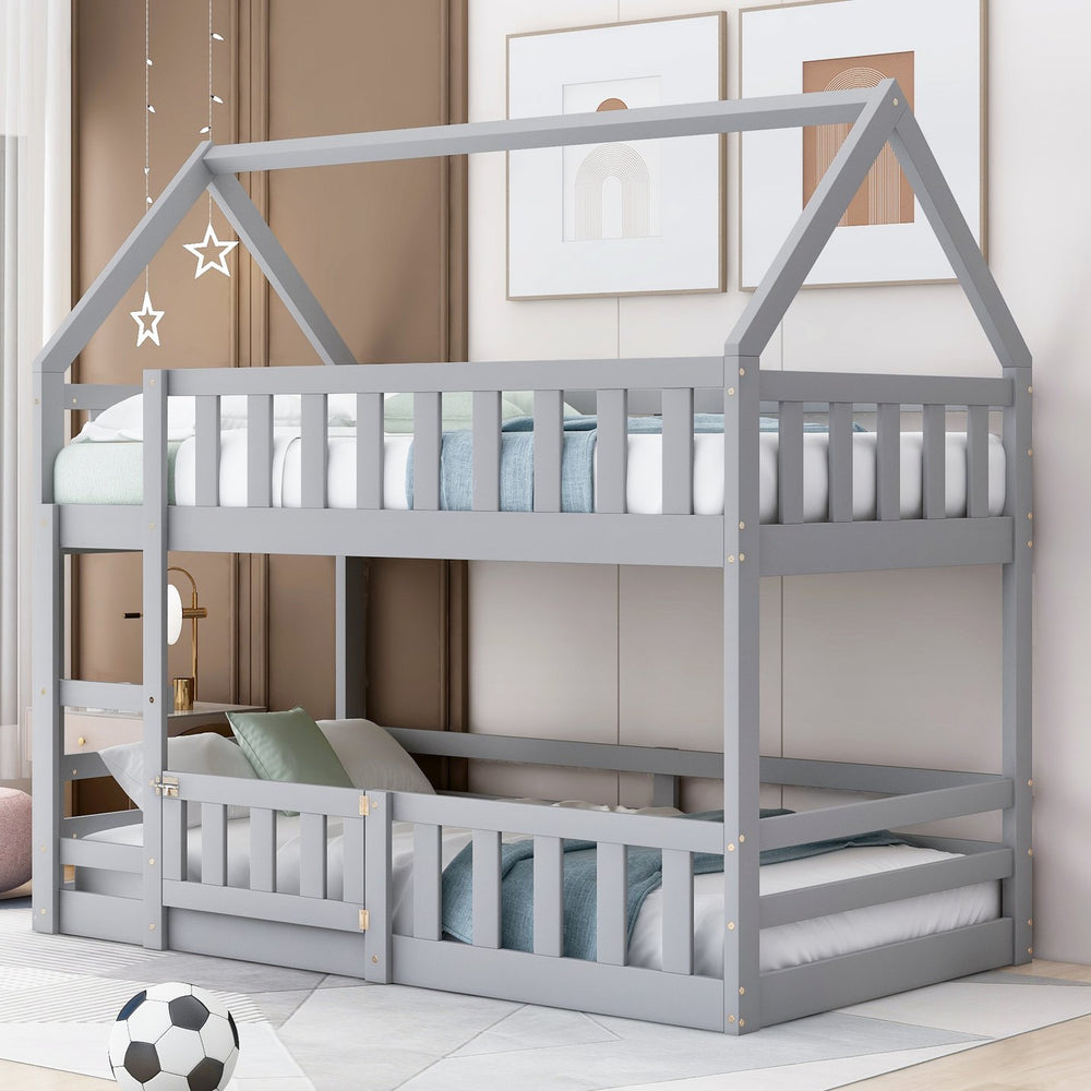 English Elm Twin House Bunk Bed with Fence and Door — Pine Wood Low-Profile Design, Sturdy Ladder & Cozy Play Space Gray WF313047AAE