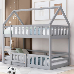 English Elm Twin House Bunk Bed with Fence and Door — Pine Wood Low-Profile Design, Sturdy Ladder & Cozy Play Space Gray WF313047AAE
