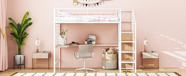 English Elm Twin Metal Loft Bed with Desk, Ladder Shelves and Under-Wardrobe for Space-Saving Study & Storage, Sturdy Frame White SF000023AAK