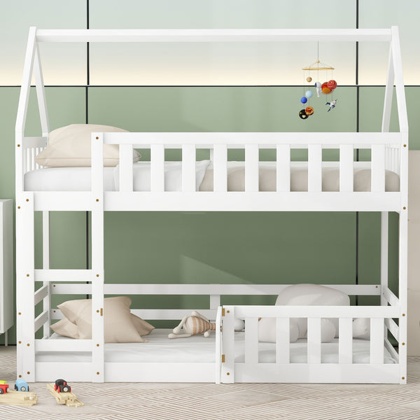 English Elm Twin House Bunk Bed with Fence and Door — Pine Wood Low-Profile Design, Sturdy Ladder & Cozy Play Space White WF313047AAK