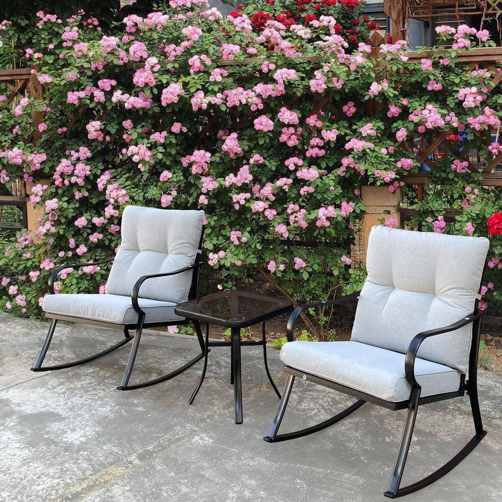 English Elm ROCKER Patio Bistro Chair and Teapoy Set - Ergonomic Metal Rockers, Thick Cushions, Sturdy Build Off White W656127051