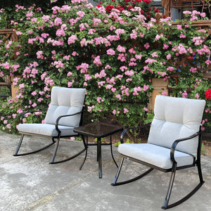 English Elm ROCKER Patio Bistro Chair and Teapoy Set - Ergonomic Metal Rockers, Thick Cushions, Sturdy Build Off White W656127051