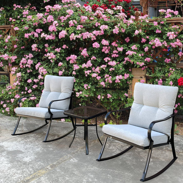 English Elm ROCKER Patio Bistro Chair and Teapoy Set - Ergonomic Metal Rockers, Thick Cushions, Sturdy Build Off White W656127051