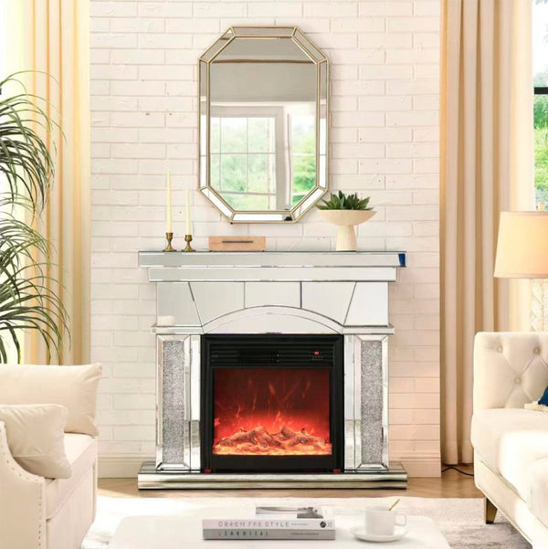 English Elm W Mirrored Acrylic Electric Fireplace Console with Crystal Accents and Led Flame W1005S00003