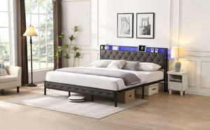 English Elm King Upholstered Platform Bed with LED Headboard, USB Type-C Charging & Hidden Shelf, Noise-Free Support W1916124806