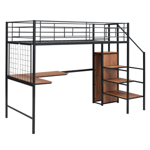 English Elm Twin Metal Loft Bed with Desk, Ladder Shelves and Under-Wardrobe for Space-Saving Study & Storage, Sturdy Frame Black SF000023AAB