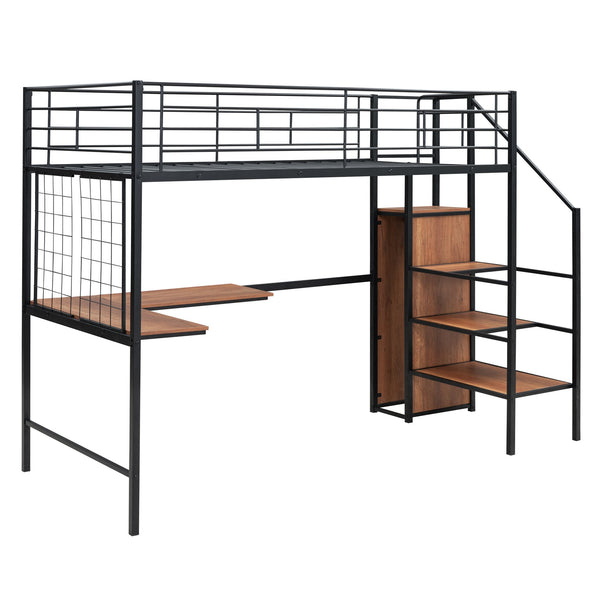 English Elm Twin Metal Loft Bed with Desk, Ladder Shelves and Under-Wardrobe for Space-Saving Study & Storage, Sturdy Frame Black SF000023AAB