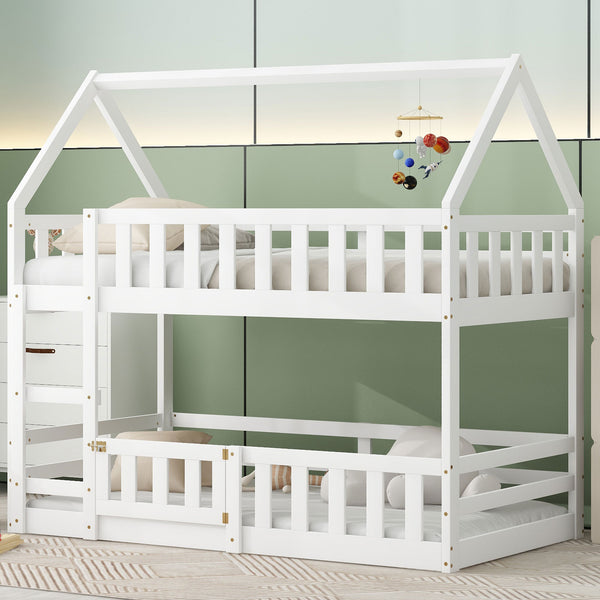 English Elm Twin Twin over Full Metal Bunk Bed with Integrated Ladder, Full-Length Guardrail, Futon-Ready Versatile Design White N7090000734K