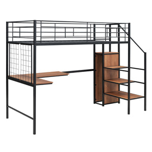 English Elm Twin Metal Loft Bed with Desk, Ladder Shelves and Under-Wardrobe for Space-Saving Study & Storage, Sturdy Frame Black SF000023AAB