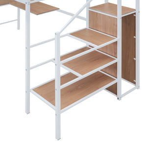 English Elm Twin Metal Loft Bed with Desk, Ladder Shelves and Under-Wardrobe for Space-Saving Study & Storage, Sturdy Frame White SF000023AAK