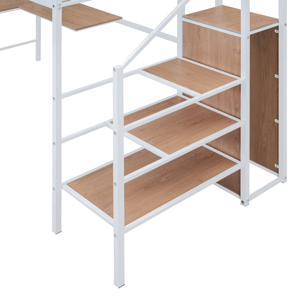 English Elm Twin Metal Loft Bed with Desk, Ladder Shelves and Under-Wardrobe for Space-Saving Study & Storage, Sturdy Frame White SF000023AAK