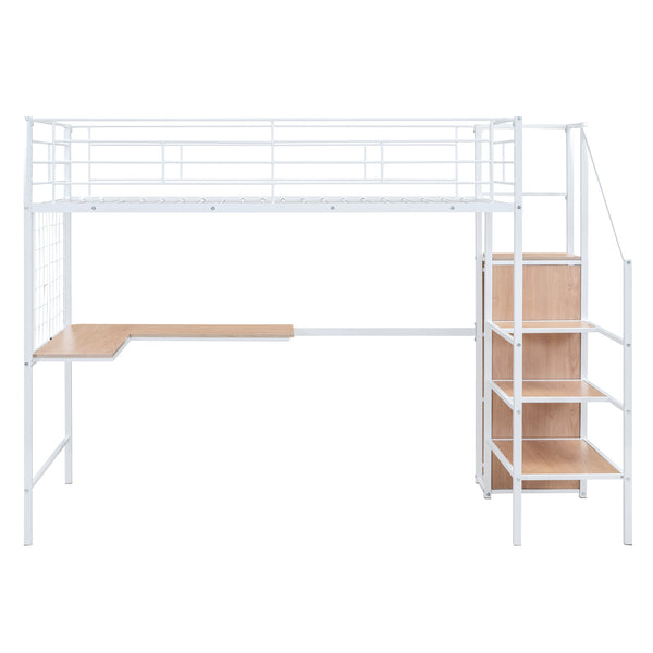 English Elm Twin Metal Loft Bed with Desk, Ladder Shelves and Under-Wardrobe for Space-Saving Study & Storage, Sturdy Frame White SF000023AAK