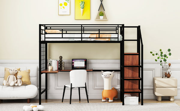 English Elm Twin Metal Loft Bed with Desk, Ladder Shelves and Under-Wardrobe for Space-Saving Study & Storage, Sturdy Frame Black SF000023AAB