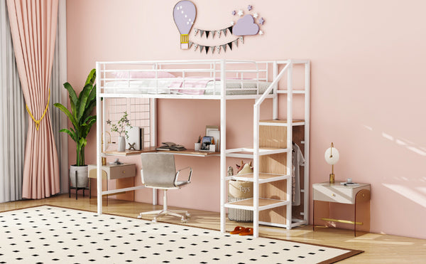 English Elm Twin Metal Loft Bed with Desk, Ladder Shelves and Under-Wardrobe for Space-Saving Study & Storage, Sturdy Frame White SF000023AAK