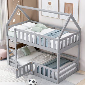 English Elm Twin Twin over Full Metal Bunk Bed with Integrated Ladder, Full-Length Guardrail, Futon-Ready Versatile Design Gray N7090000734E