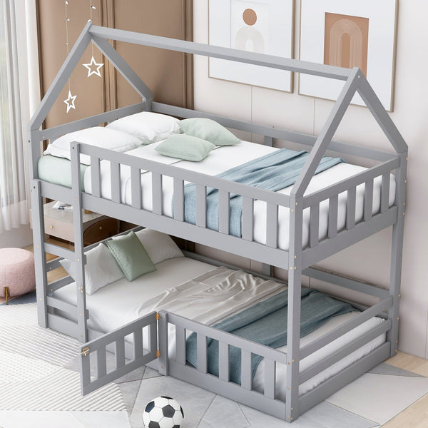 English Elm Twin Twin over Full Metal Bunk Bed with Integrated Ladder, Full-Length Guardrail, Futon-Ready Versatile Design Gray N7090000734E