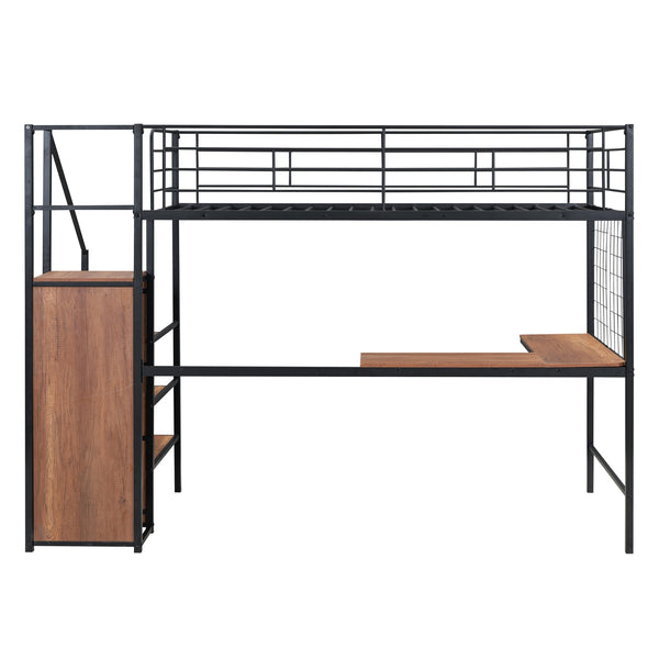 English Elm Twin Metal Loft Bed with Desk, Ladder Shelves and Under-Wardrobe for Space-Saving Study & Storage, Sturdy Frame Black SF000023AAB