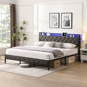 English Elm King Upholstered Platform Bed with LED Headboard, USB Type-C Charging & Hidden Shelf, Noise-Free Support W1916124806