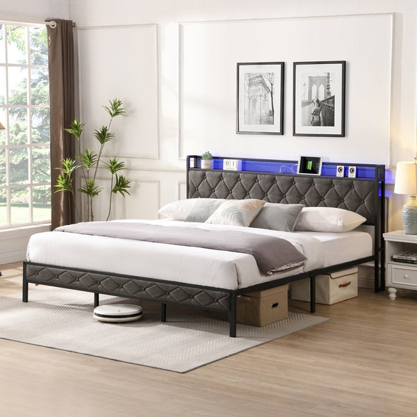 English Elm King Upholstered Platform Bed with LED Headboard, USB Type-C Charging & Hidden Shelf, Noise-Free Support W1916124806
