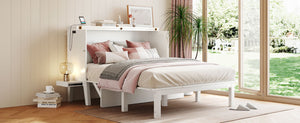English Elm Queen Murphy Wall Bed with Usb Charging Pine Wood Cabinet for Studio Apartments White LP001661AAK