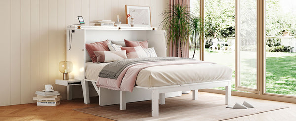 English Elm Queen Murphy Wall Bed with Usb Charging Pine Wood Cabinet for Studio Apartments White LP001661AAK