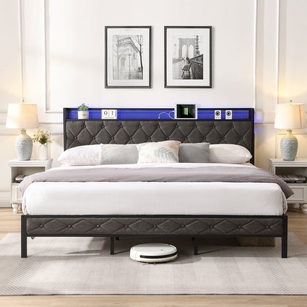 English Elm King Upholstered Platform Bed with LED Headboard, USB Type-C Charging & Hidden Shelf, Noise-Free Support W1916124806