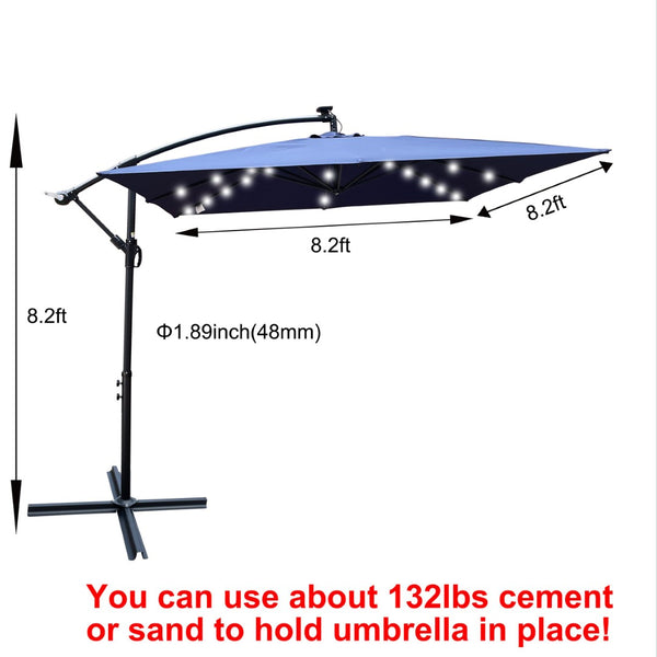 English Elm Square Solar Led Patio Umbrella Upf 40 Polyester Canopy with Crank Lift Wind Vent Navy Blue W656127037