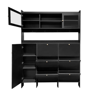 English Elm Black Hall Tree Foyer Cabinet Flip Shoe Storage Tempered Glass Hooks Shelf SD000028AAB