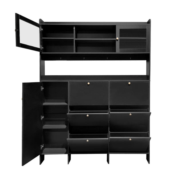 English Elm Black Hall Tree Foyer Cabinet Flip Shoe Storage Tempered Glass Hooks Shelf SD000028AAB