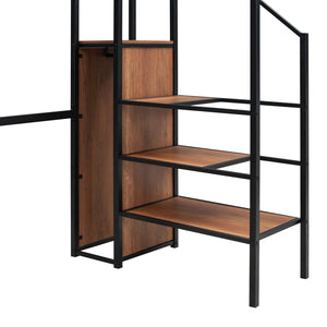 English Elm Twin Metal Loft Bed with Desk, Ladder Shelves and Under-Wardrobe for Space-Saving Study & Storage, Sturdy Frame Black SF000023AAB