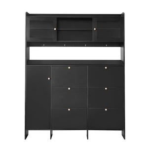 English Elm Black Hall Tree Foyer Cabinet Flip Shoe Storage Tempered Glass Hooks Shelf SD000028AAB