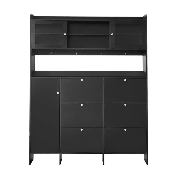 English Elm Black Hall Tree Foyer Cabinet Flip Shoe Storage Tempered Glass Hooks Shelf SD000028AAB