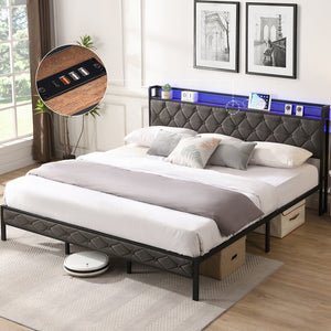 English Elm King Upholstered Platform Bed with LED Headboard, USB Type-C Charging & Hidden Shelf, Noise-Free Support W1916124806
