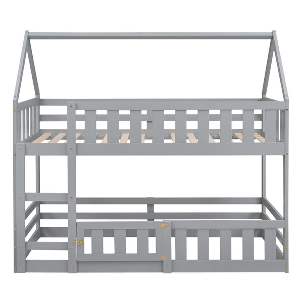 English Elm Twin House Bunk Bed with Fence and Door — Pine Wood Low-Profile Design, Sturdy Ladder & Cozy Play Space Gray WF313047AAE