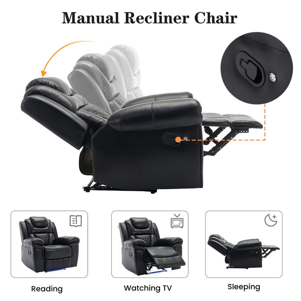 English Elm 3 Piece Faux Leather Manual Recliner Set with Led Base Lighting and Console Black SG001130AAB