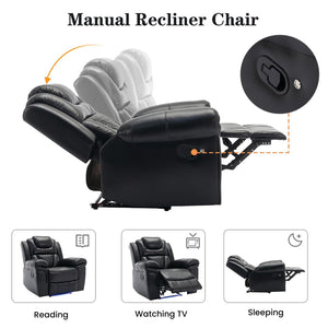 English Elm Home Theater Manual Recliner with Led Base Lighting Faux Leather Living Room Chair Black WF310725AAB
