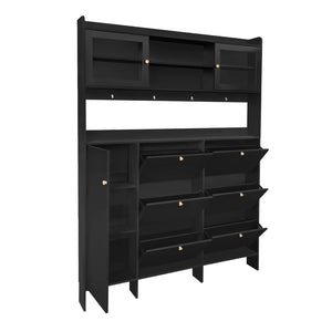 English Elm Black Hall Tree Foyer Cabinet Flip Shoe Storage Tempered Glass Hooks Shelf SD000028AAB