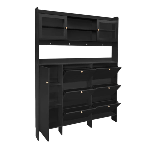 English Elm Black Hall Tree Foyer Cabinet Flip Shoe Storage Tempered Glass Hooks Shelf SD000028AAB