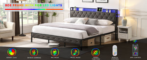 English Elm King Upholstered Platform Bed with LED Headboard, USB Type-C Charging & Hidden Shelf, Noise-Free Support W1916124806
