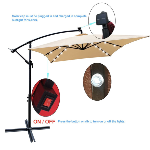 English Elm Rectangle Solar Led Patio Umbrella with Crank Lift Upf 40 Waterproof Garden Shade Tan W656127030