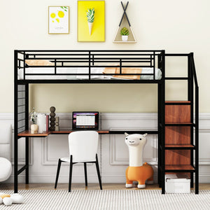English Elm Twin Metal Loft Bed with Desk, Ladder Shelves and Under-Wardrobe for Space-Saving Study & Storage, Sturdy Frame Black SF000023AAB
