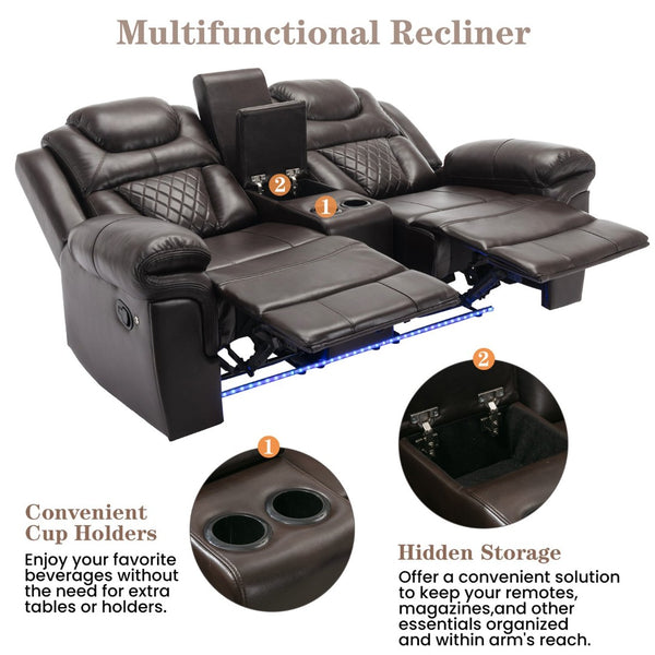 English Elm Home Theater Manual Reclining Loveseat Faux Leather with Led Lighting and Storage Console Brown WF310726AAD