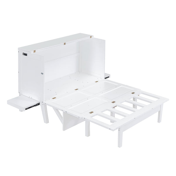 English Elm Full Size Murphy Wall Bed with Usb Charging Removable Shelves Pine Cabinet White LP001660AAK