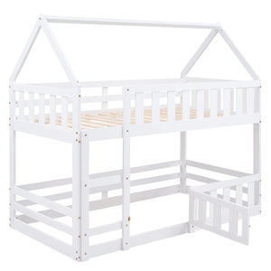 English Elm Twin House Bunk Bed with Fence and Door — Pine Wood Low-Profile Design, Sturdy Ladder & Cozy Play Space White WF313047AAK