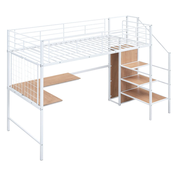 English Elm Twin Metal Loft Bed with Desk, Ladder Shelves and Under-Wardrobe for Space-Saving Study & Storage, Sturdy Frame White SF000023AAK